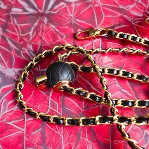 Purse Gold Metal Chain Strap Black Leather Adjustable Black Ball NEW